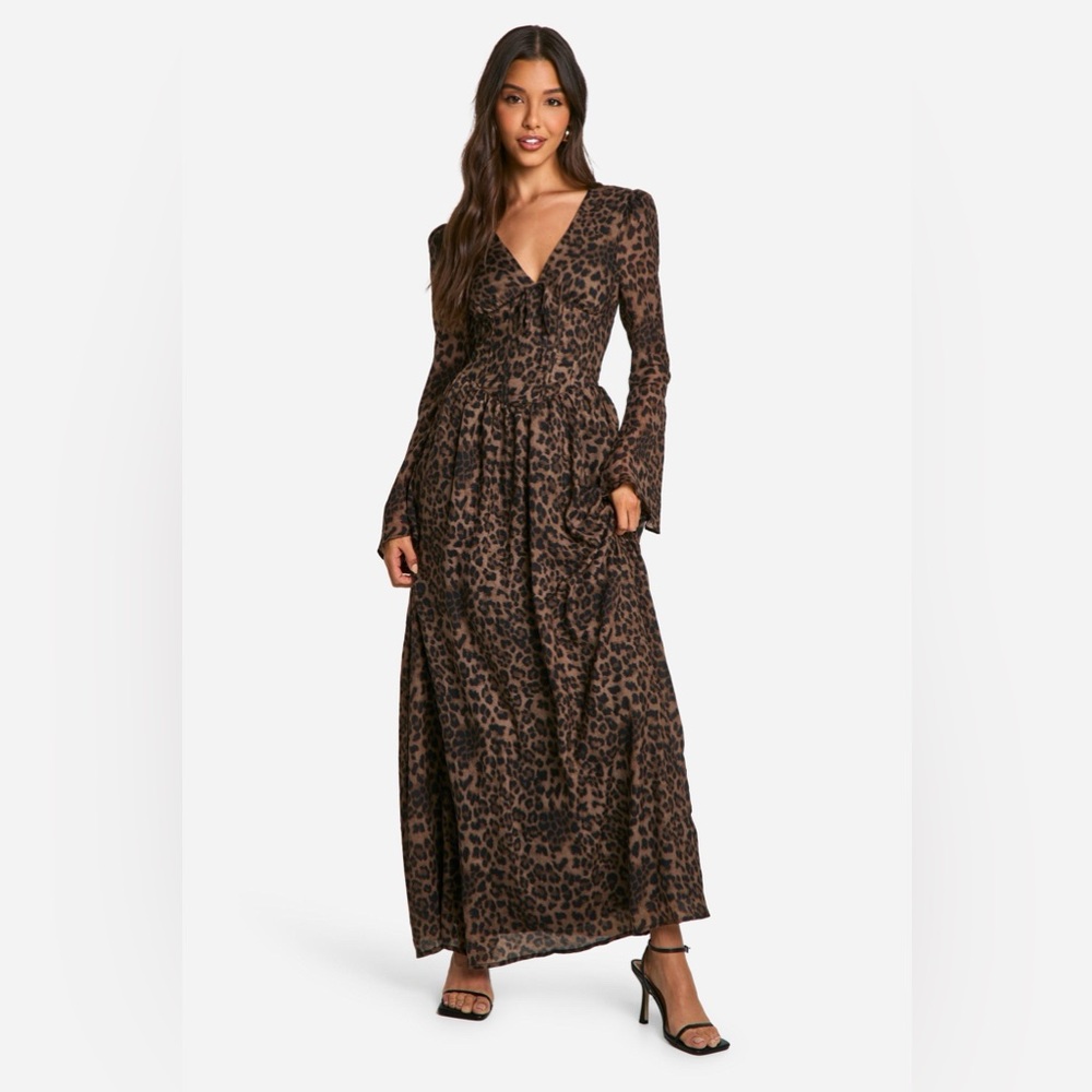 Chiffon Leopard Print Puff Sleeve Milkmaid Maxi Dress